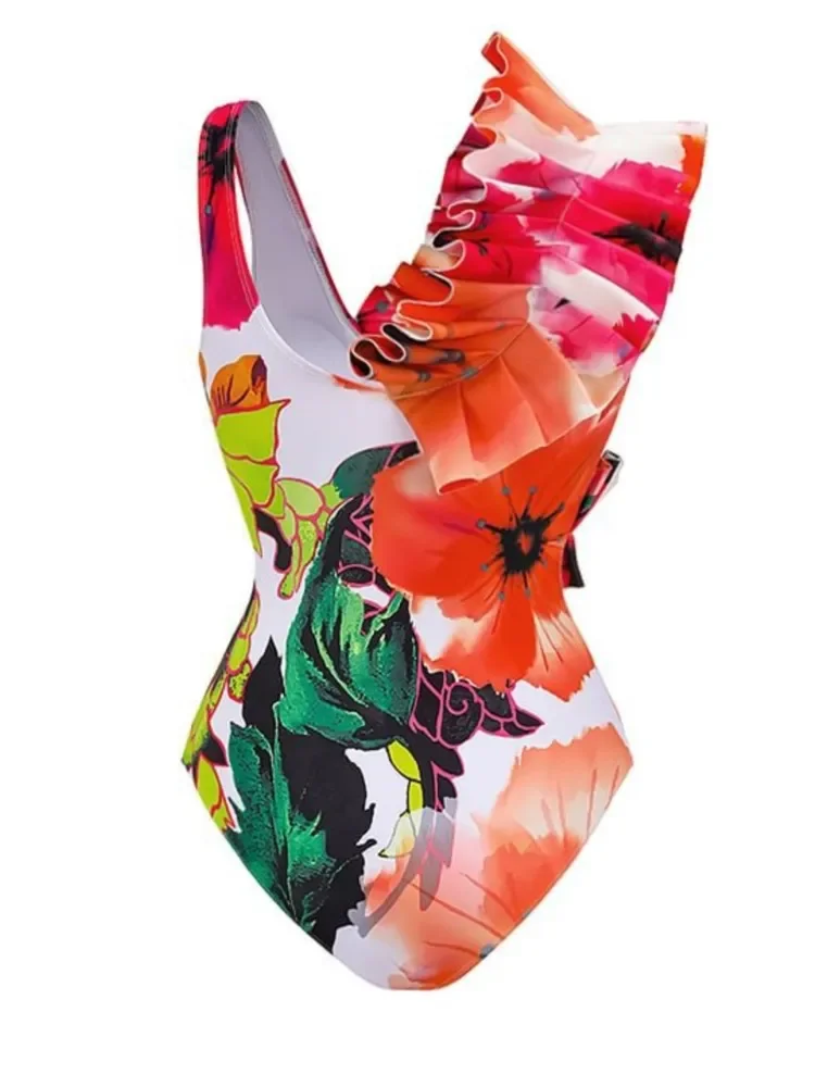 Retro Pink Bikini Flower Print Fashion One Piece Swimsuit And Cover Up Skirt Tight Women's Bandage Summer Beach Luxury Elegant