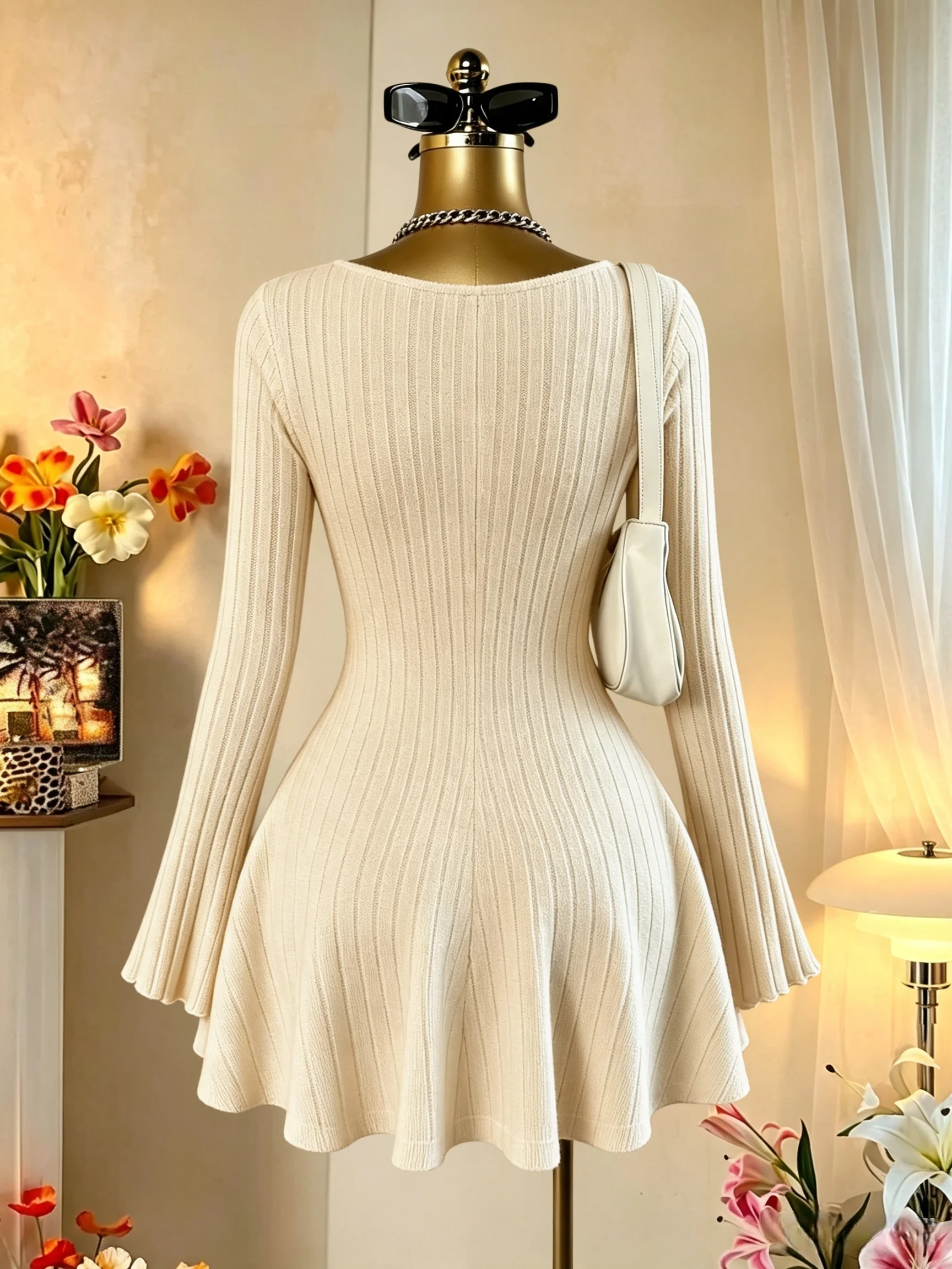 Damen-Minikleid mit quadratischem Ausschnitt, vorne gebunden, gerippt, ausgestellter Rock, lange Ärmel, tailliert, A-Linie, Y2K, sexy Kleid – Detail 15