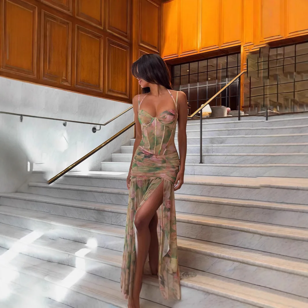 

Sexy Floral Print Long Dresses Women Fashion Sexy High Waist Spaghetti Strap Vacation Party Dress Beach New Women Vestidos Dress