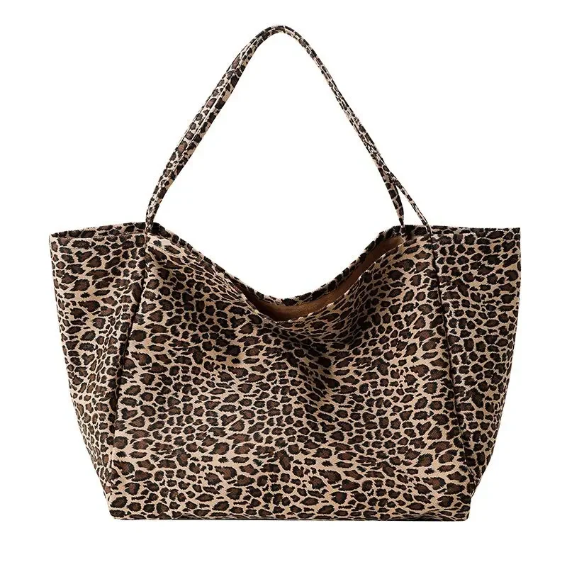 Large Capacity Leopard Print Canvas Bag Women\'s 2024 New Casual Open Shoulder Bag Fashionable Versatile Portable Tote Bag