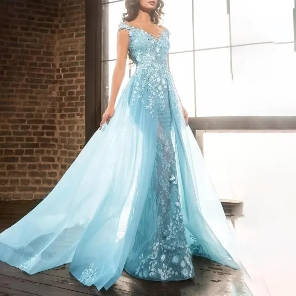 

2025 Blue Lace Appliques Elegant Evening Dresses Party Prom Gowns Trumpet V-Neck Vintage Evening Prom Dresses Customized