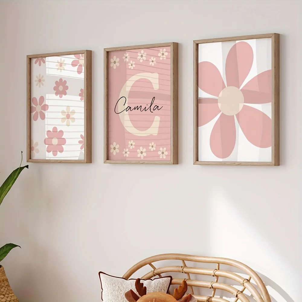 3-piece customized name children's room canvas painting pink purple daisy flower bedroom headboard decoration hanging painting
