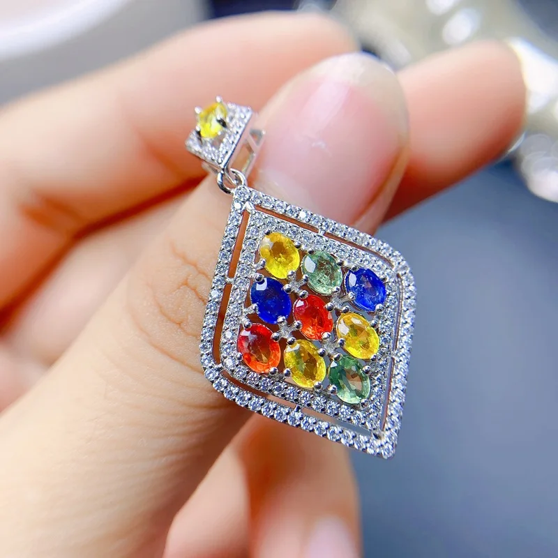 Authentic Pawnable  S925 Silver Natural Blue Orange Yellow Green Sapphire Pendant Necklace for Women with Certificate