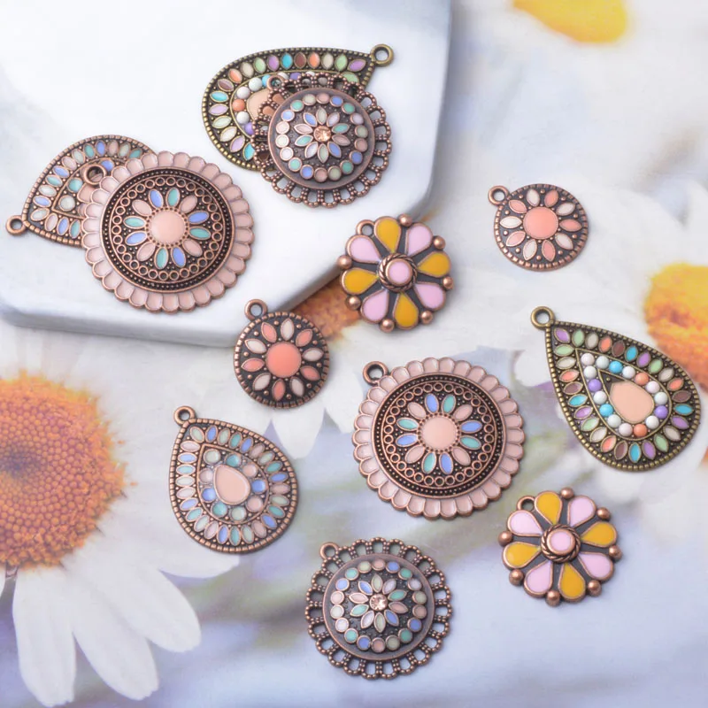 12pcs Bohemia Zinc Alloy Antique Copper Light Pink Round Charms Earrings Boho Pendant DIY Women's Jewelry Making