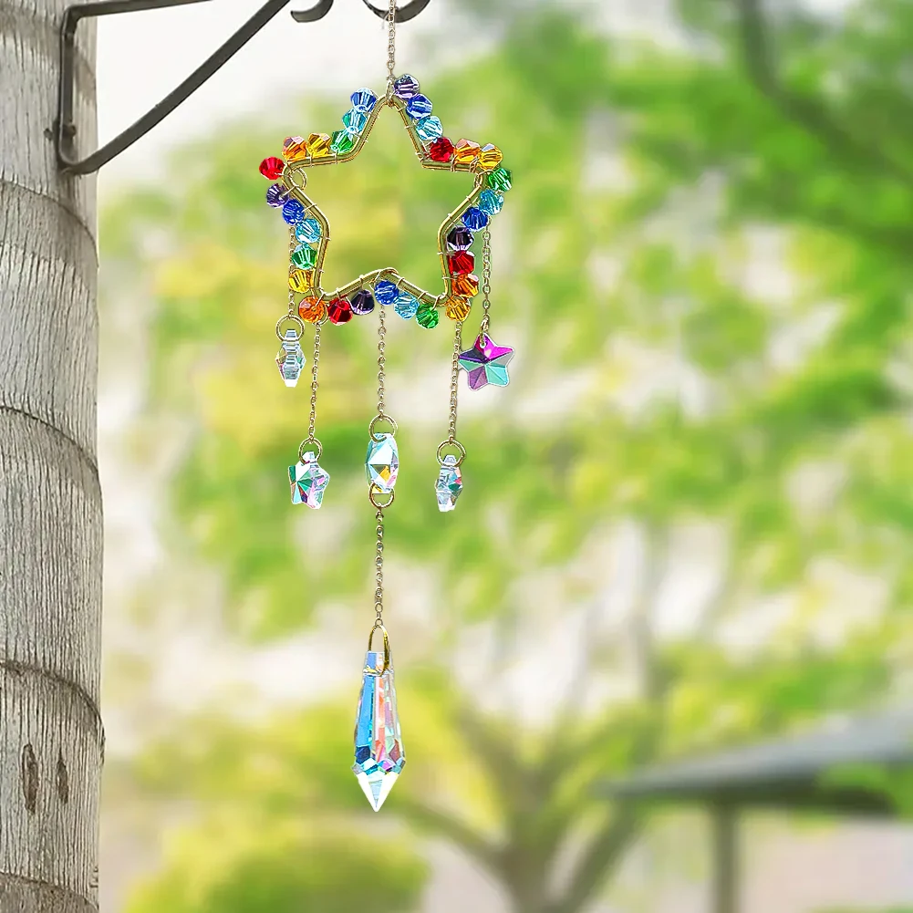 17cm Stainless Steel Five-pointed Star Colourful Glass Crystal Beads Pendant DIY Handicrafts Sunlight Collector Garden Ornament