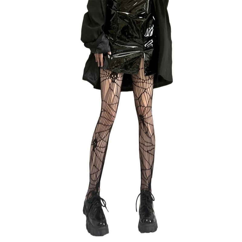 Women Dark Goth Halloween Fishnet Pantyhose Harajuku  Skull Spider Web Patterned Hollow Out Mesh Tights Festival Party