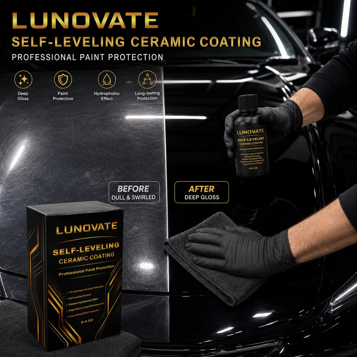 Professional Ceramic Coating 2.4OZ – Self-Leveling, Hydrophobic, Long-Lasting Paint Shield & Shine