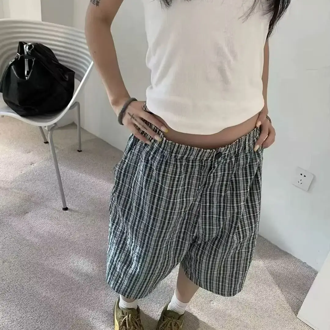 Summer Women's Green Grid Pattern Shorts Streetwear Casual Pants Young Girls Mid-calf Trousers Female Baggy Sweatpants