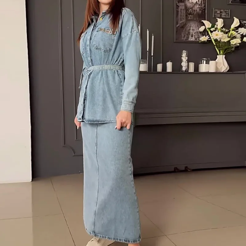 Denim 2 Piece Skirt Sets Women Vintage Islam Muslim Clothing Dubai Kimono 2pcs Abaya Kaftan Hijab Skirts Suits Cowboy Dress 2024