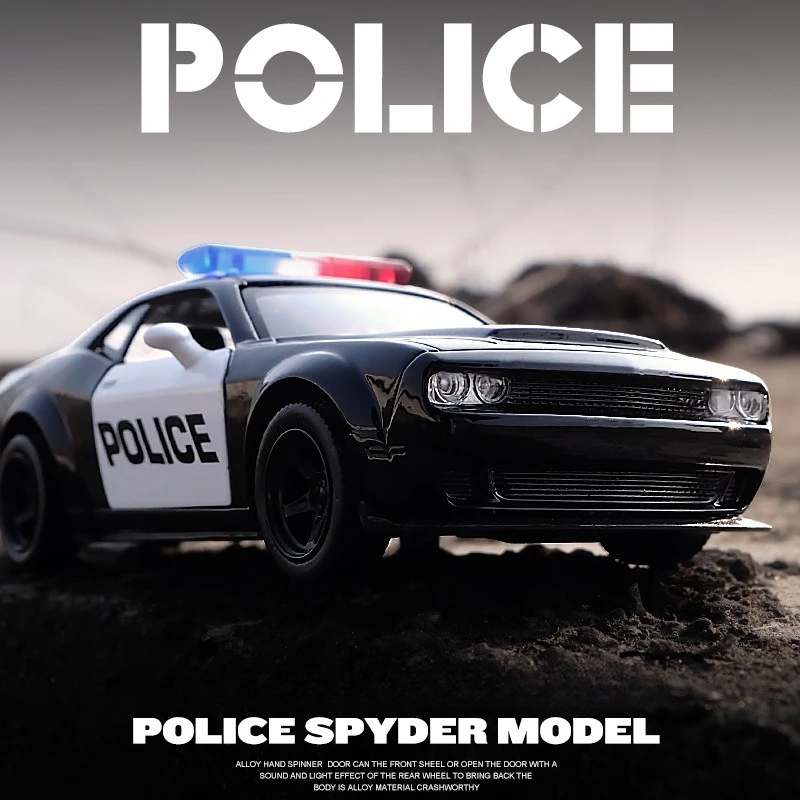 Simulation 1/36 Scale Dodge Challenger Police Car Alloy Model Pull Back Miniature Voiture Ornaments Home Decor Boy Car Toy Gift