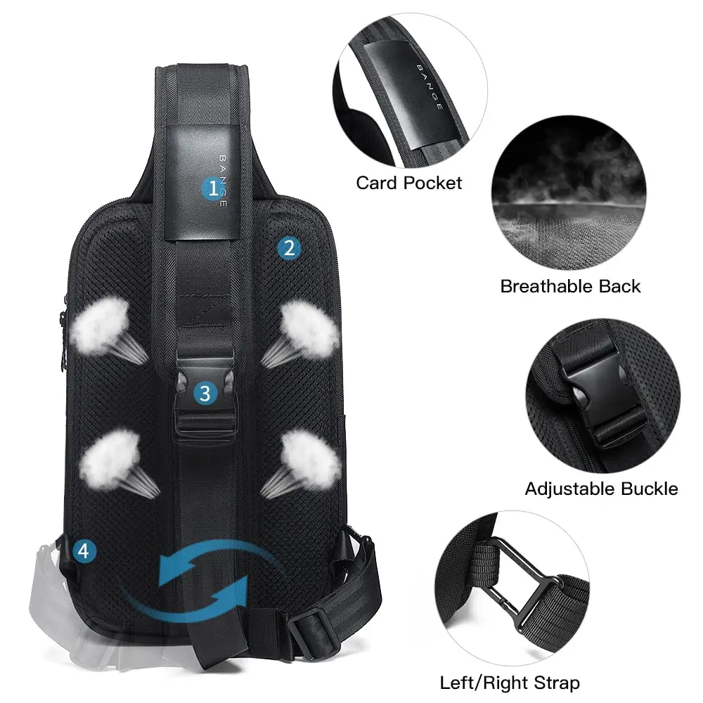BANGE Men\'s Anti-theft Chest Bag Shoulder Strap USB Rechargeable Crossbody School Gym Pack, Men Sports Waterproof Shoulder Bag