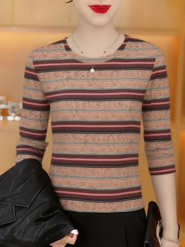 

Elegant Stripe Long Sleeve T-Shirt Women's round Neck Slimming Youthful Belly Cover Fashionable Base Layer Casual Top