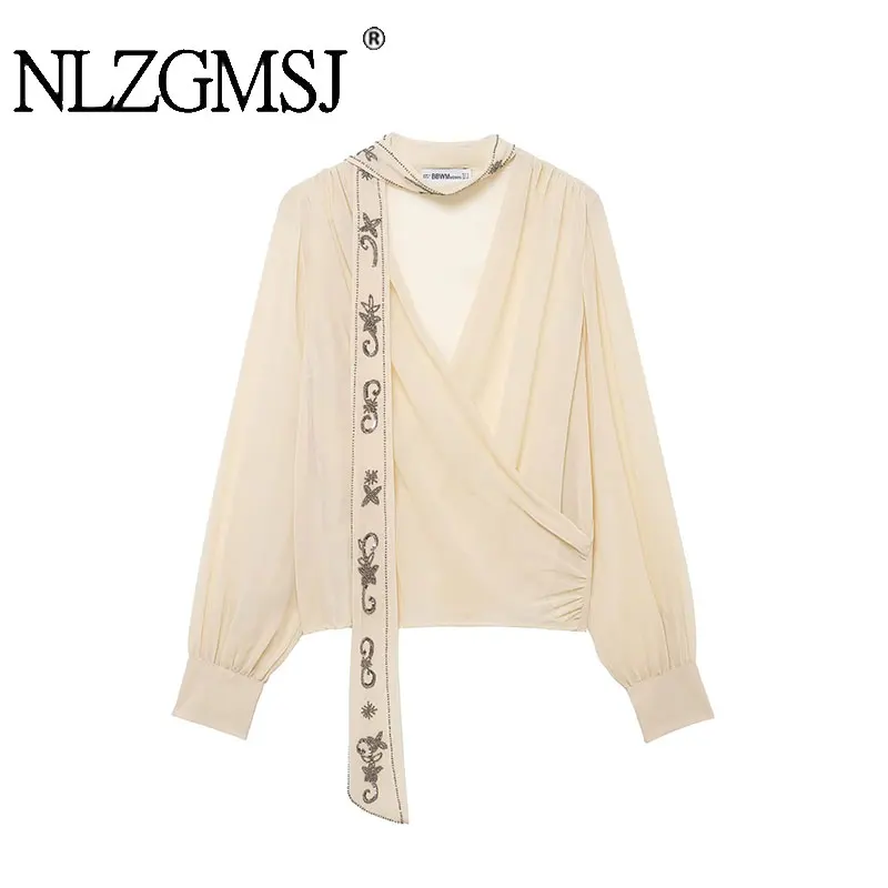 

NLZGMSJ 2026 Spring Chic Fashion Beading Elegant Blouses for Women New Long Sleeve Scarf Collar Women's Casual Shirt Woman Tops