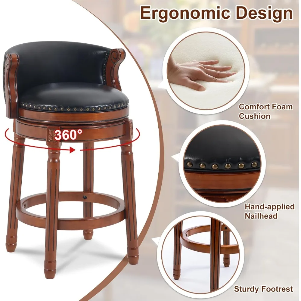 Leather-Cushioned Swivel Bar Stools with Backrest and Footrest, Rubberwood Counter Height for Home and Kitchen Use