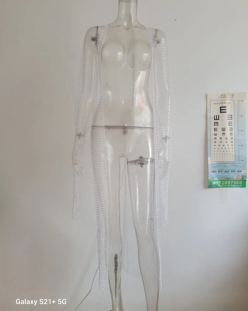 Damen Kristall-Netz Langer Kimono Cover-Up Transparente Fischnetz-Maxikardigan Funkelnde Strass-Strandkleidung – Detail 13