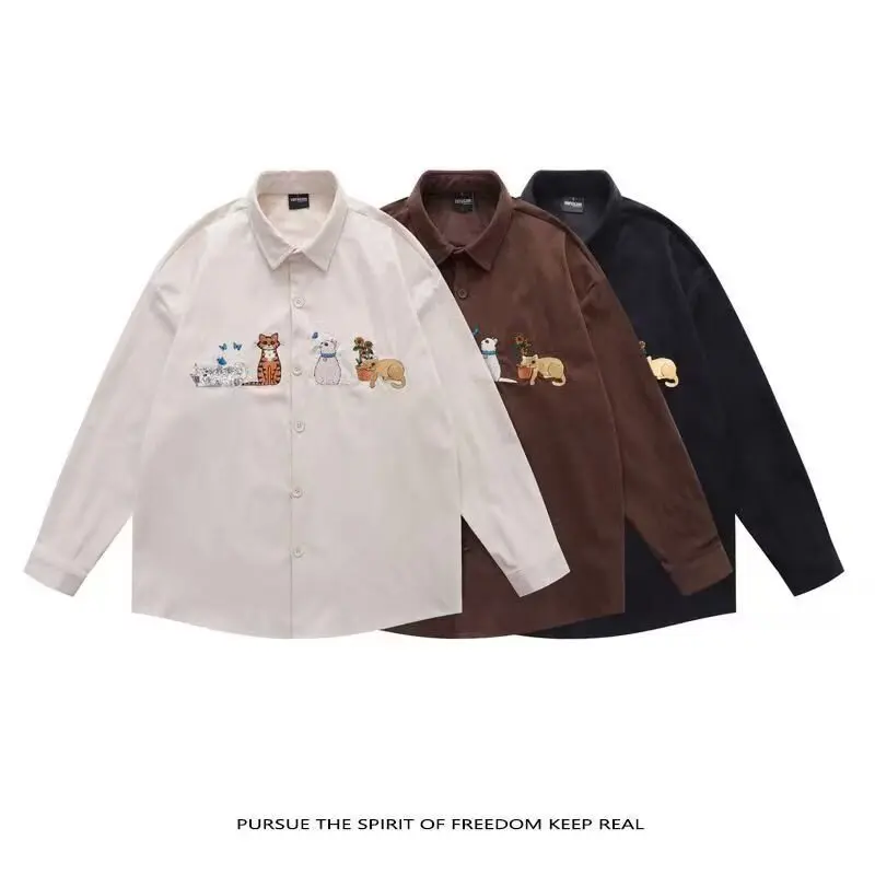 

Ретро-американская вельветовая рубашка с длинным рукавом и вышивкой, повседневная универсальная мужская рубашка, многослойная, для весеннего сезона