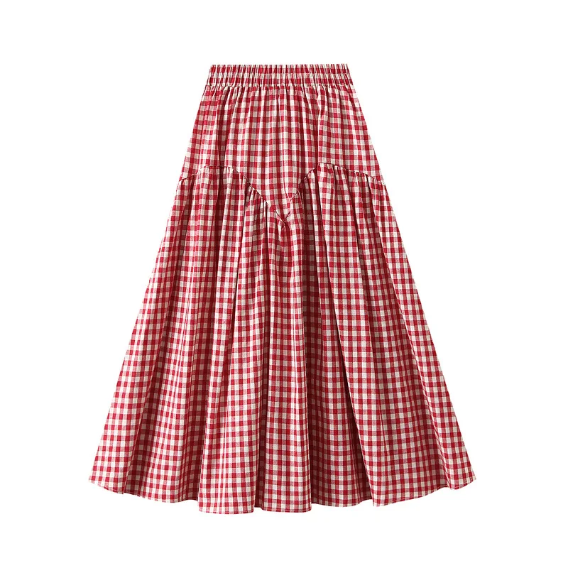 2025 New Vintage Women's Plaid Printed Maxi Skirts Fashion Elastic Waist Jupes Bohemian Ruffles Stitching Autumn Pleating Faldas