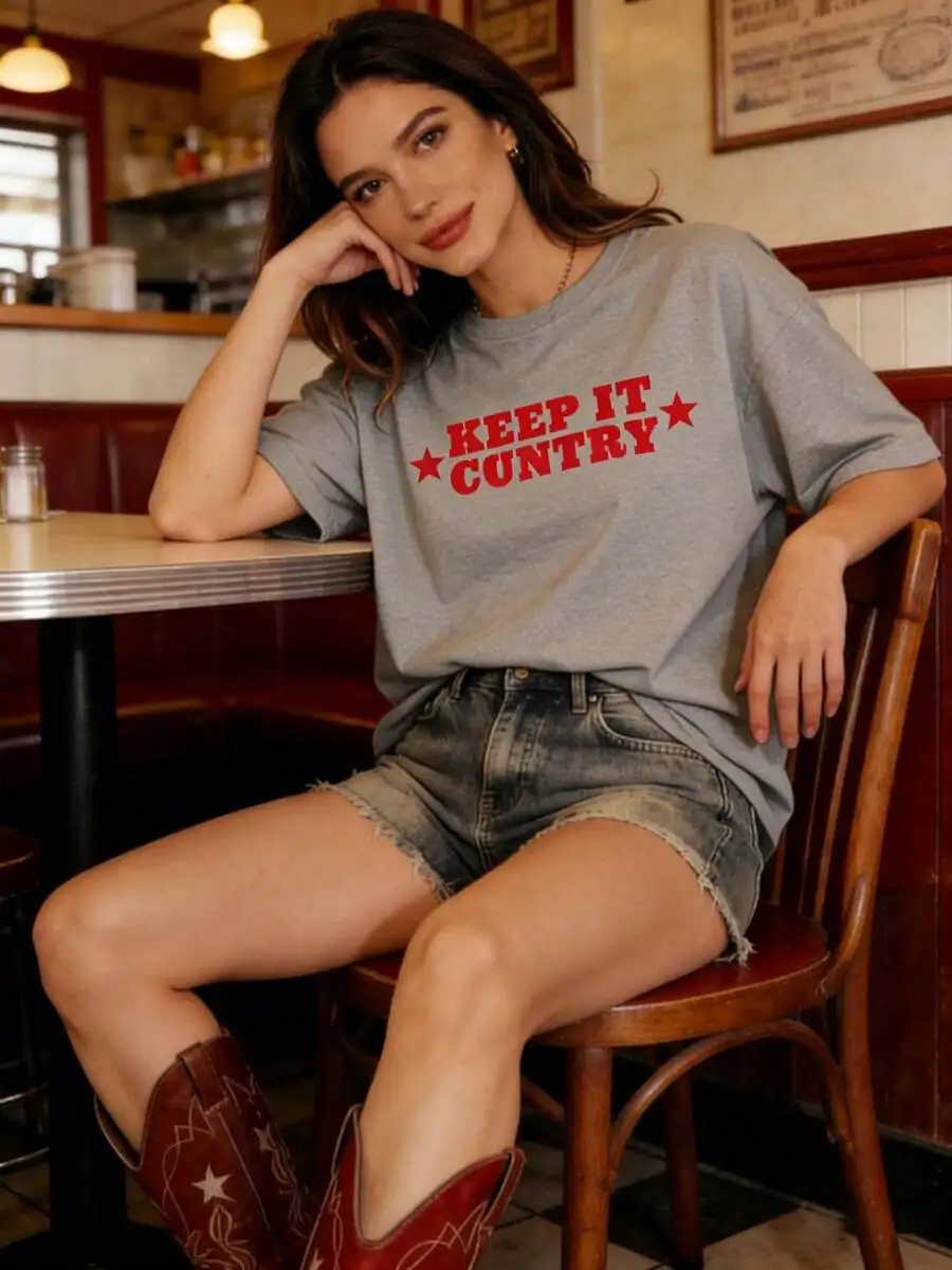 

Womens Oversized Western Graphic Tee With Keep It Country Print Soft Crew Neck Short Sleeve Summer Top