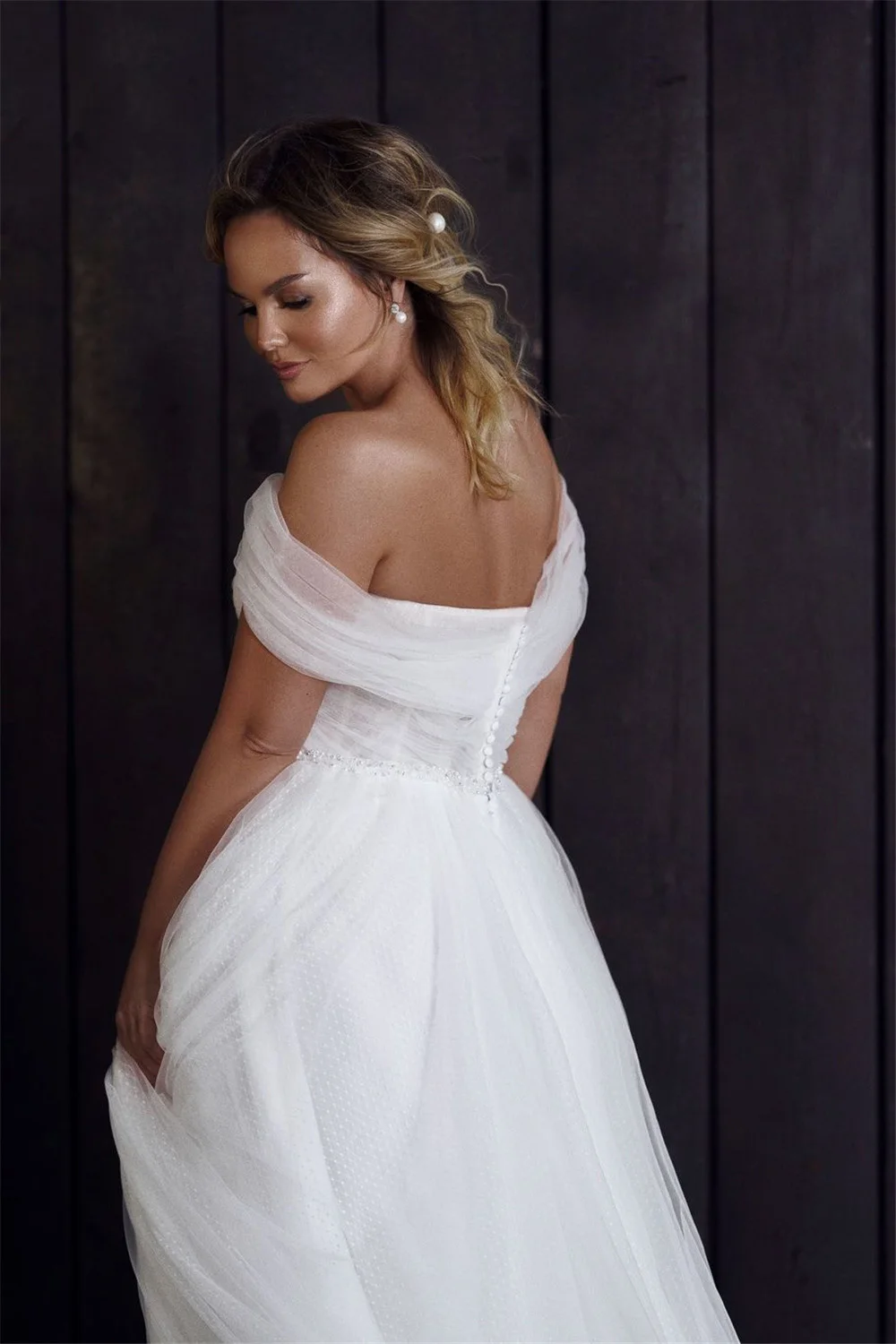 Robe De mariée De plage en Tulle à pois, épaules dénudées, plis, jardin, pays, princesse, personnalisée aux Mesures, 2021
