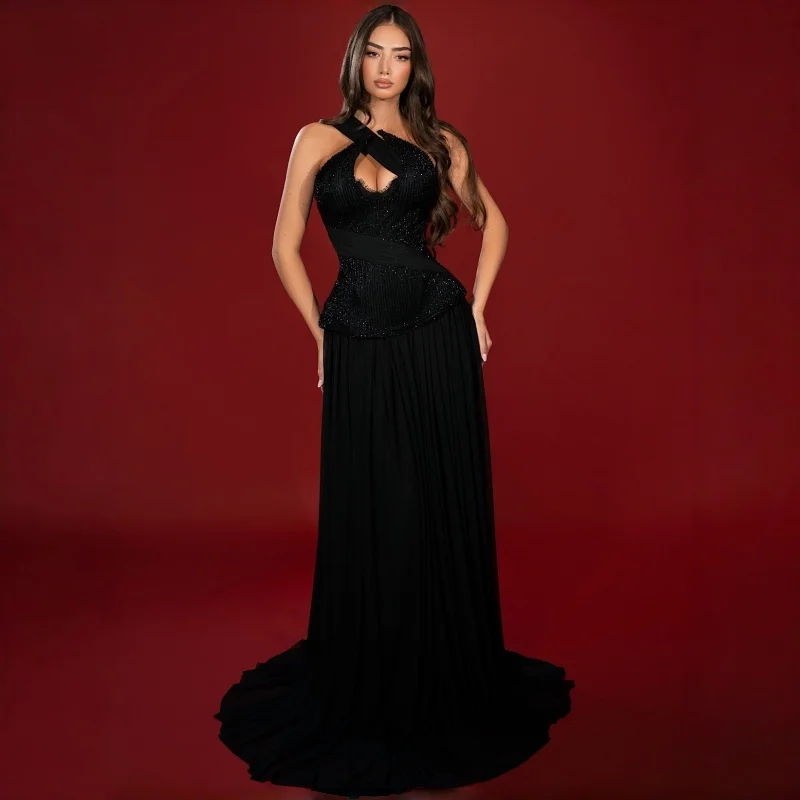 Crisscross Halter Keyhole Cutout Sparkly Sequin Bodice Pleated Chiffon A Line Maxi Dress Floor Sweep Train Formal Evening Gown