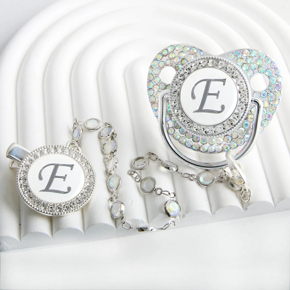 Initial Letter Siliver Baby Pacifier With Colorful Gem BPA Free Luxury Silver Dummy Soother Chupeta