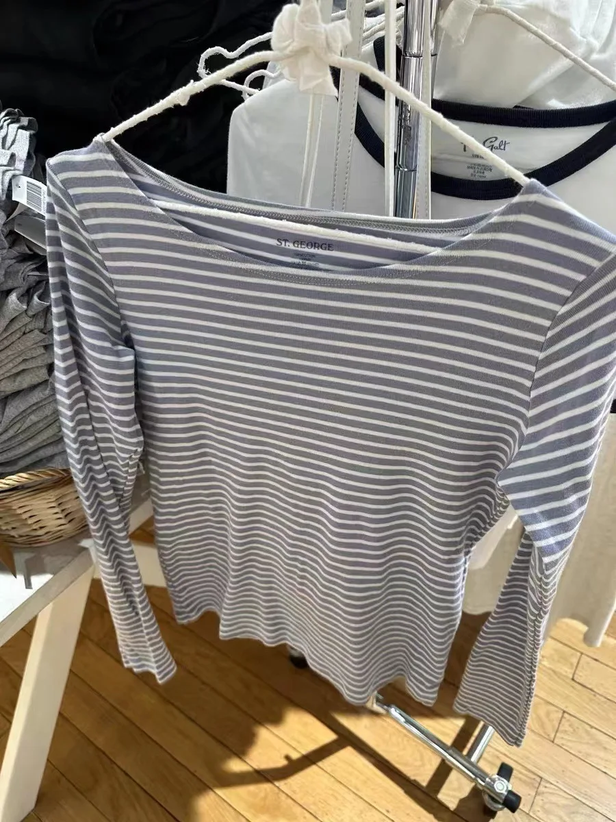 الأبيض الضوء الأزرق تي شيرت مخطط المرأة مغرفة الرقبة طويلة الأكمام سليم الأساسية تي شيرت الخريف بسيط عادية الحلو البلوز القمم تيز