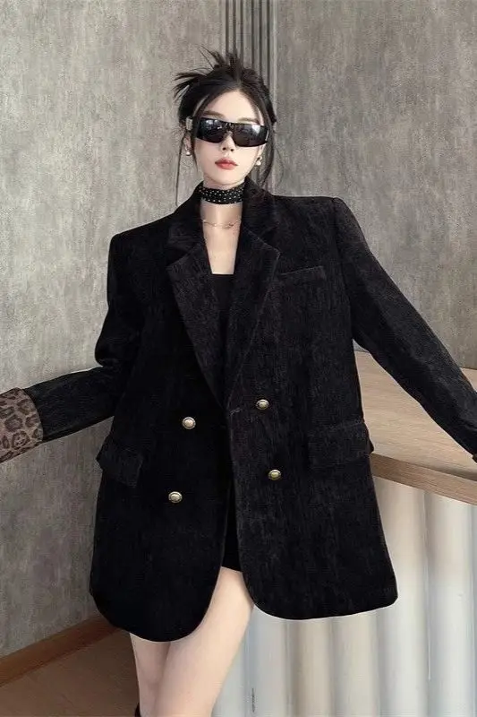 

Insozkdg Korean Fashion Leopard Print Spliced Black Suit Jacket Women Clothing High-end Suit Loose Casual Blazers Women Tops