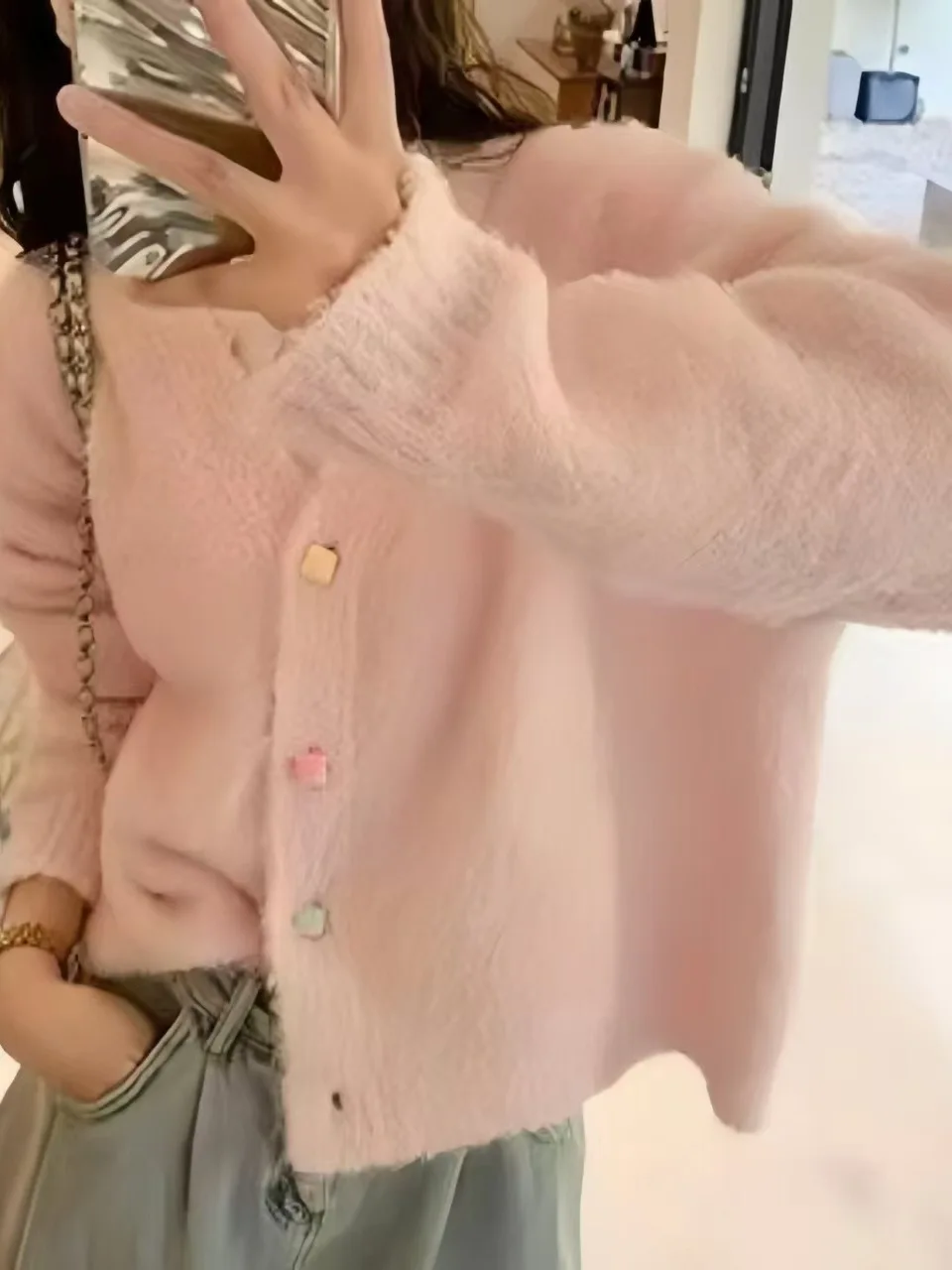 부드럽고 아늑한 곰털 니트 블루 라운드 넥 오픈 가디건 여성용 가을 신상 달콤하고 루즈핏 롱 스웨터