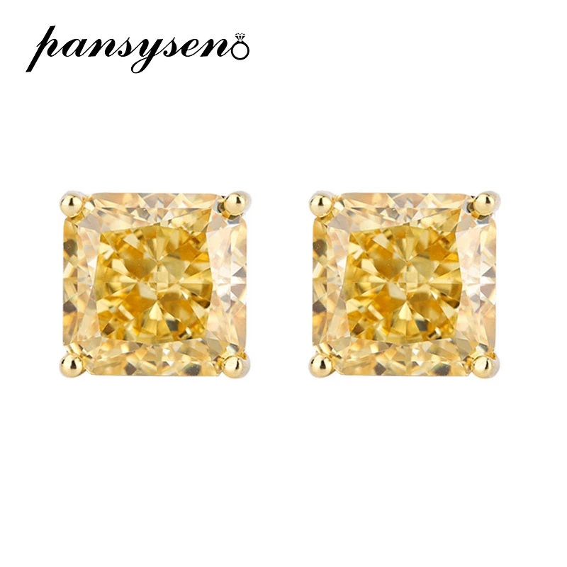 

PANSYSEN 925 Sterling Silver 10*10MM Radiant Cut Citrine Sapphite High Carbon Diamond Stud Earrings for Women Party Fine Jewelry