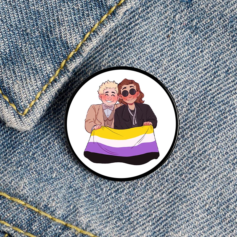 Comedy Good Omens Ineffable Husbands Aziraphale & Crowley Enamel Lapel Pins LGBT Badge Rainbow Rectangle Flag Brooch Jewelry