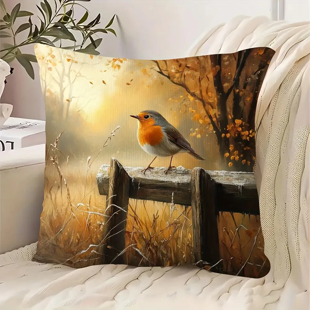 Vintage Robin Bird Pillow Cover Rustic Autumn Landscape Oil Painting Print Cushion Case for Sofa Couch Cottagecore Home Decor
