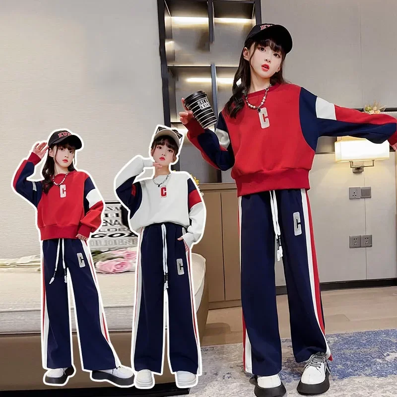 Spring Autumn Junior Girl Sport Suit Teenager Girl Contrast Sweatshirt+Drawstring Sport Pants Child Jogging Workout Sets 4-12Yrs