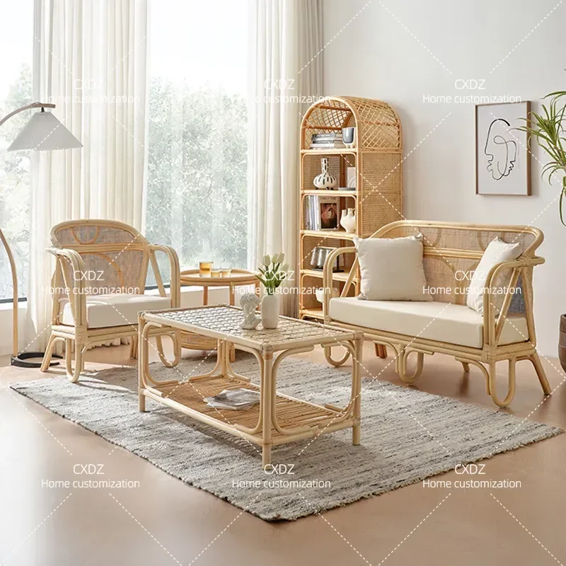 Natural Rattan Sofa Coffee Table Set 3 Piece Living Room Furniture Small Apartment Casual Rattan Chair and Table Combo