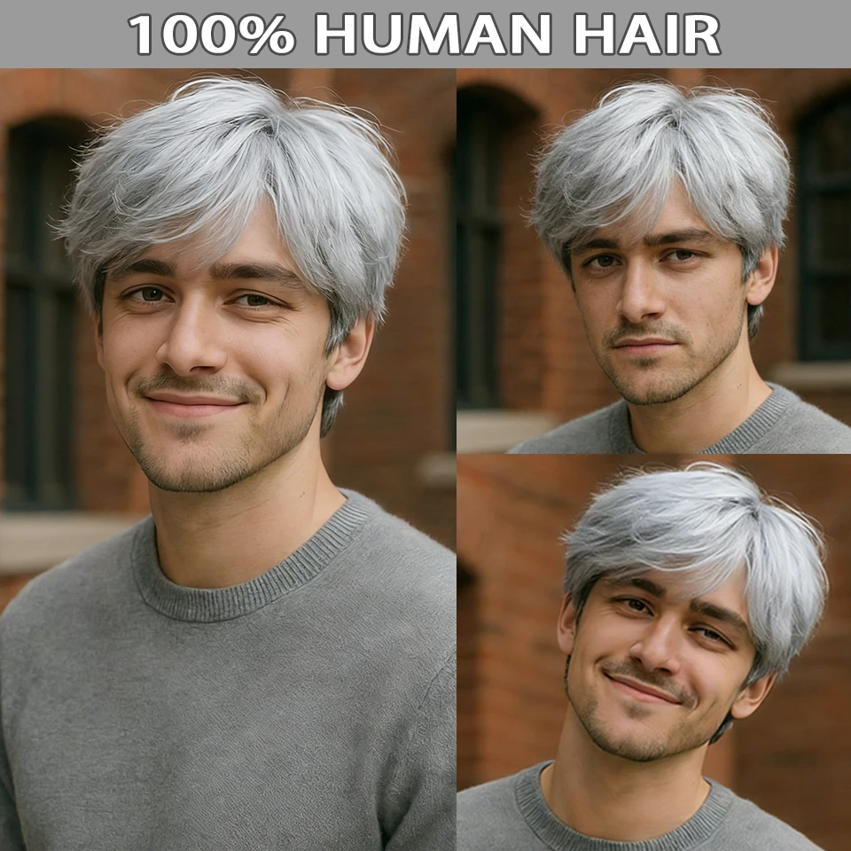 

Серебристо-серый мужской короткий парик-пикси из прямых бразильских человеческих волос, полностью машинной работы, с челкой, подходит для повседневного ношения