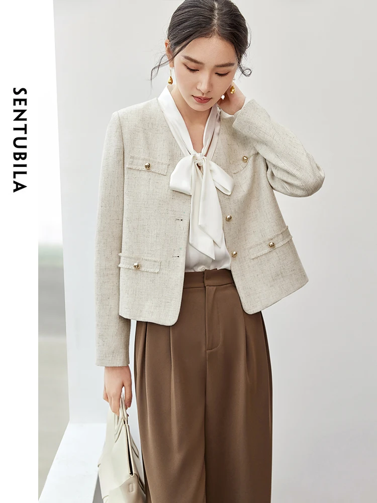 

SENTUBILA Elegant Tweed Tassels Jackets Women 2024 Autumn Texture Straight V Neck Long Sleeve Letter Metal Button Coat 143W55803