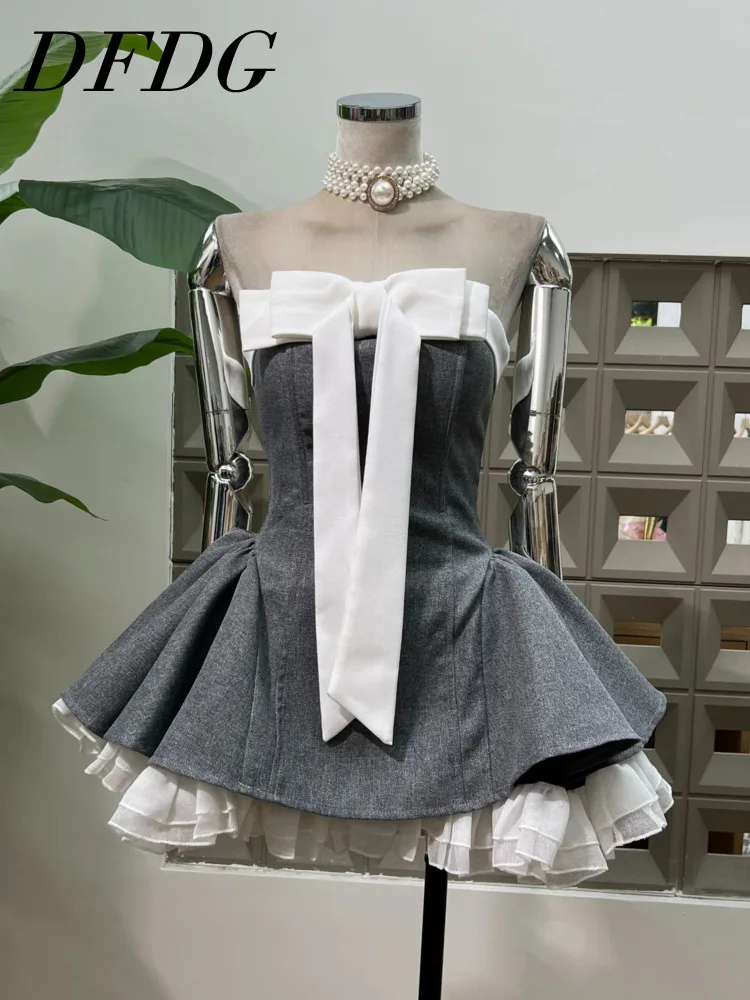 

DFDG Women’s Patchwork Color Block Evening Gown Bow Detail Strapless Puff Ball Dress Lightweight Party Prom Spring Summer 2025