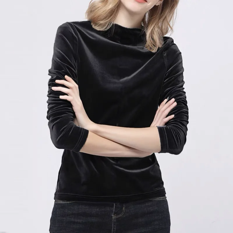 Women Velvet Blouses Long Sleeve half Turtleneck Vintage Velour Blouse women Spring Autunm Tops Blusas Mujer 11 colors black