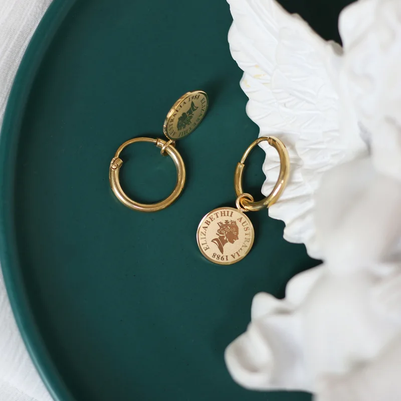 French Rose Flower Square Portrait Elizabeth Gold Coin Earrings Ear Buckles, Titanium Steel Plated 18K Gold Woman