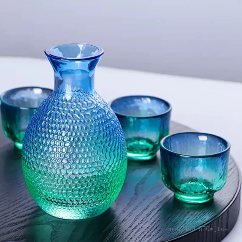 Japanese-style Creative Sake Jug Glass Wine Dispenser, Home Restaurant Supplies, Hammered Pattern Sake One Wine Pot Four Cup Set