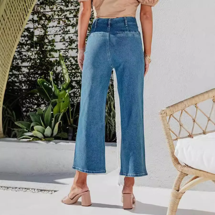 Women's Vintage High Waist Casual Jeans Loose Straight Wide Leg Denim Trousers with Single Row Button Decoration