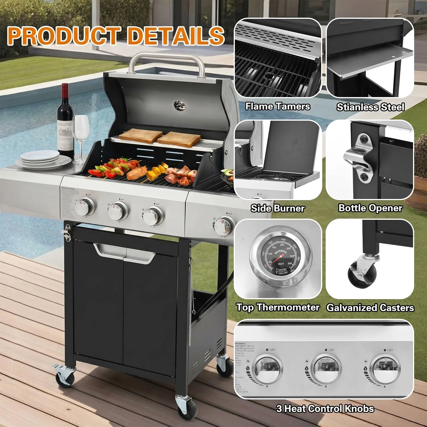 3-Burner BBQ Grill with Side Burner, 40,500 BTU Stainless Steel Propane Grill, Including Thermometer Wheels, Gas Grill for Garden Cooking and Family Gatherings