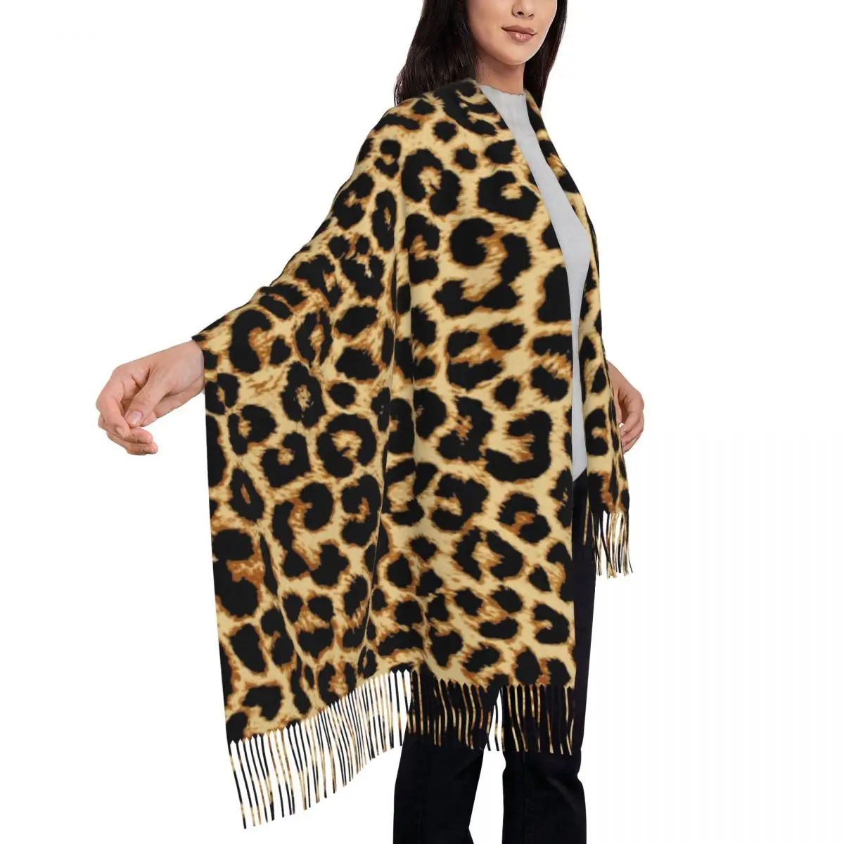 Bufanda con textura de piel de leopardo personalizada para mujer, chal largo de invierno cálido con borla, bufandas de animales salvajes tropicales Unisex