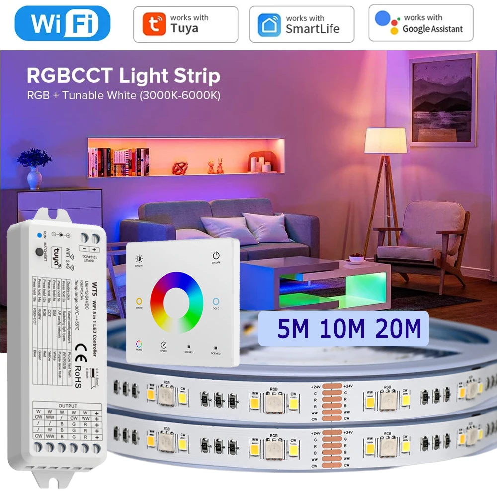 10M 20M Tuya WiFi RGB+CCT LED Strip 24V 5050 Colorful+Dual White Flexible Dimmable Room Decor Party Light for Alexa Google Home