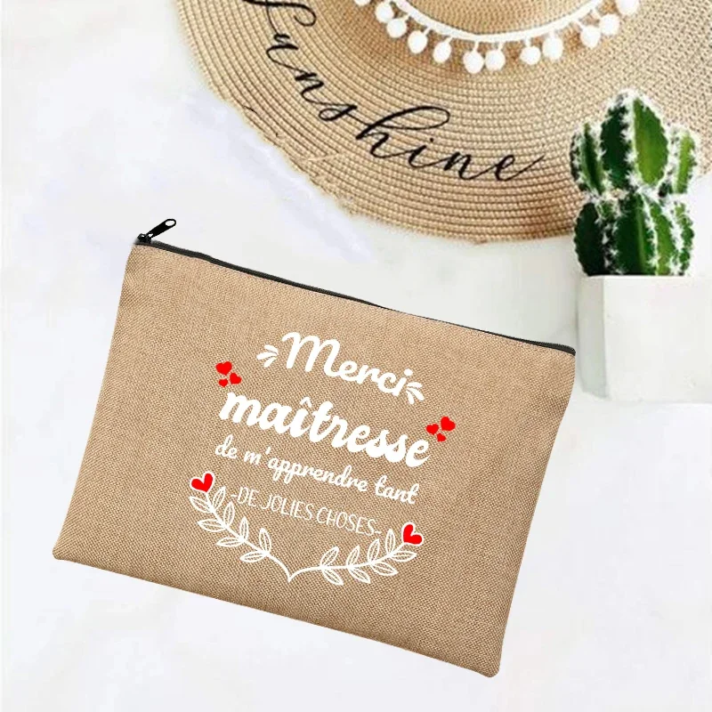 Linen Makeup Bags Thank You Teacher French Print Simple Wristlet Clutch Bag Beach Stationery Storage Travel Organizer Case Gifts