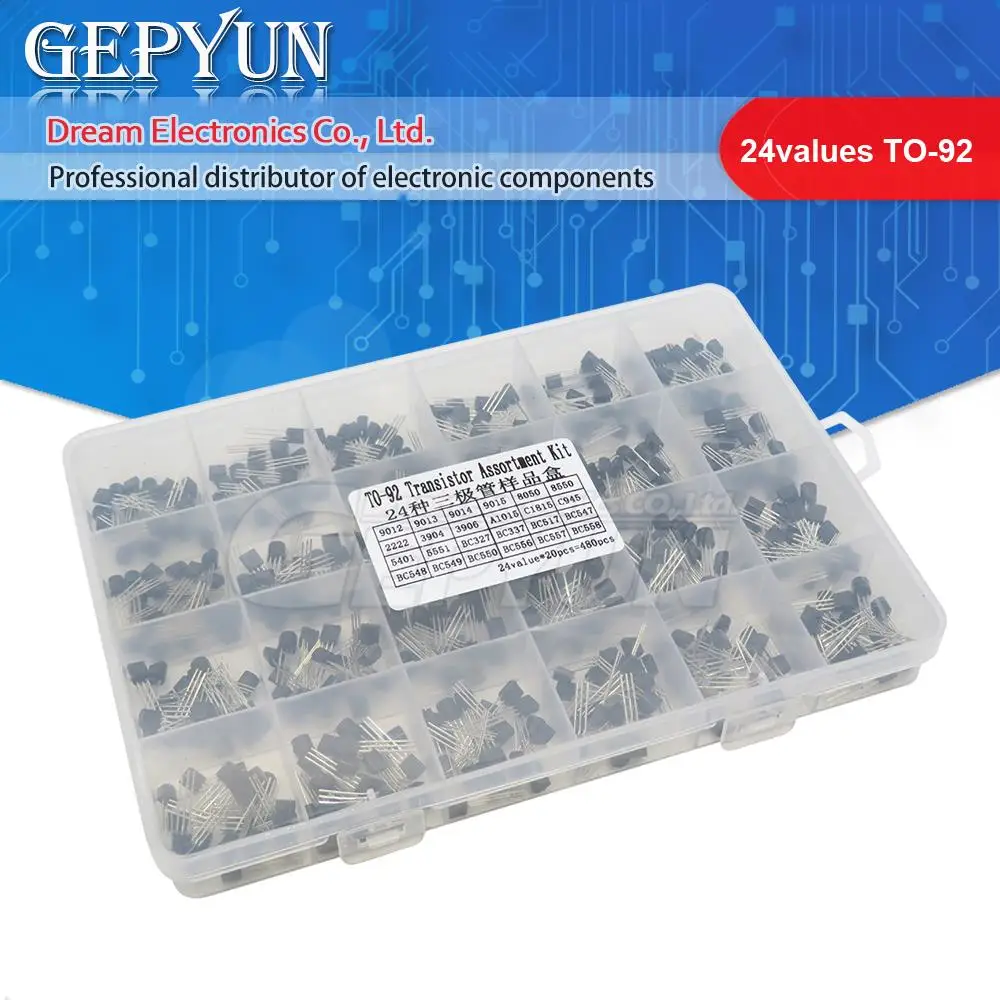 24 Werte TO-92-Transistor-Sortiment, sortiertes Kit, jeweils BC327 BC337 BC517 BC547 BC548 BC549 2N2222 3906 3904 5401 5551 C945 1015