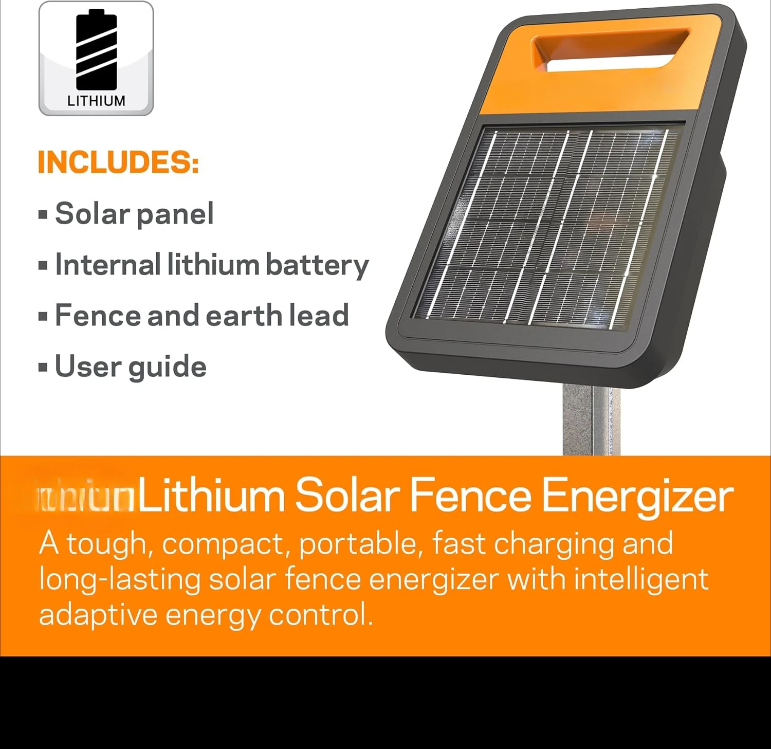 Solar Electric Fence Charger with Lithium Battery | Powers Up to 20 Miles / 60 Acres of Fence