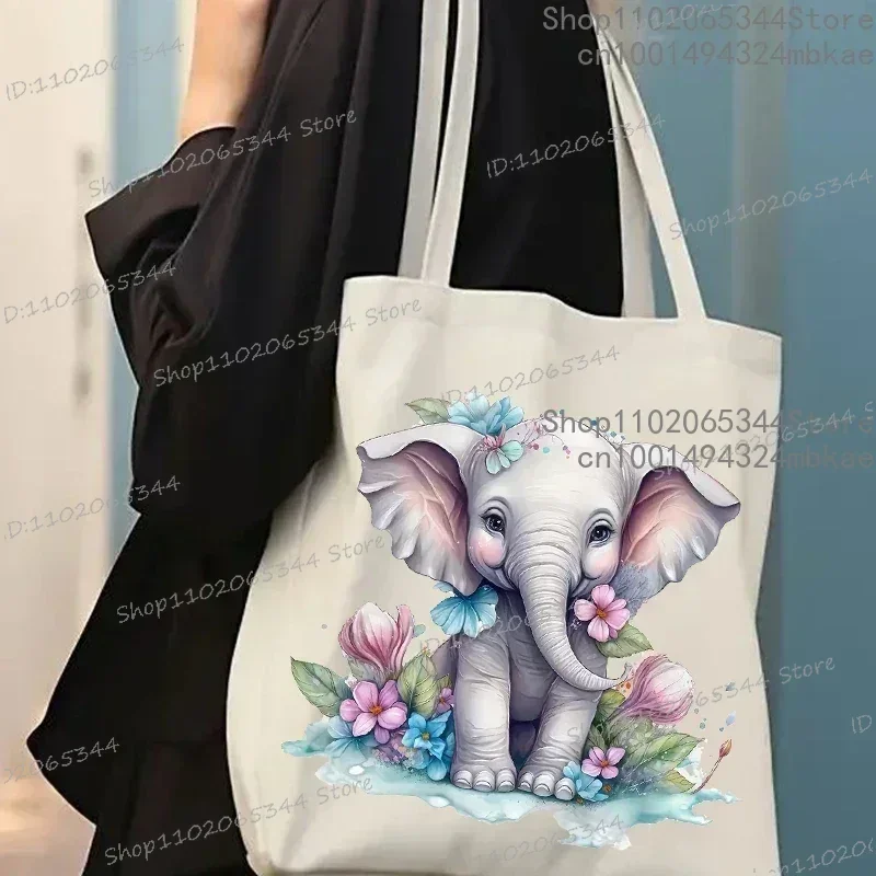 1pc Nette Aquarell Elefant Tragetaschen Frauen Harajuku Cartoon Vintage Einkaufen Leinwand Tasche Teenager Kawaii Elefanten Schulter Taschen