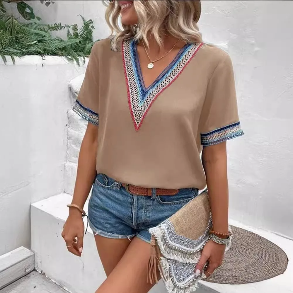 Elegant Damesshirt Zomer Nieuw Kant Patchwork V-hals Casual Effen Kleur Shirt Casual Effen Kleur Trui Blouse Y2K Top Femme