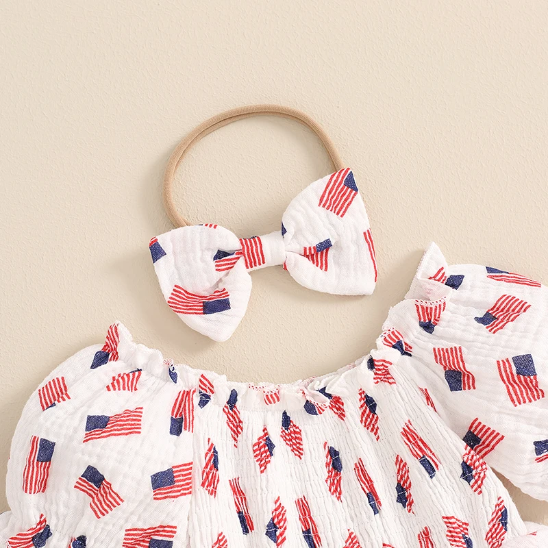 

Baby Girl 4th of July Outfit American Flag Rainbow Print Romper Dress Ruffle Short Sleeve Bodysuit with Headband