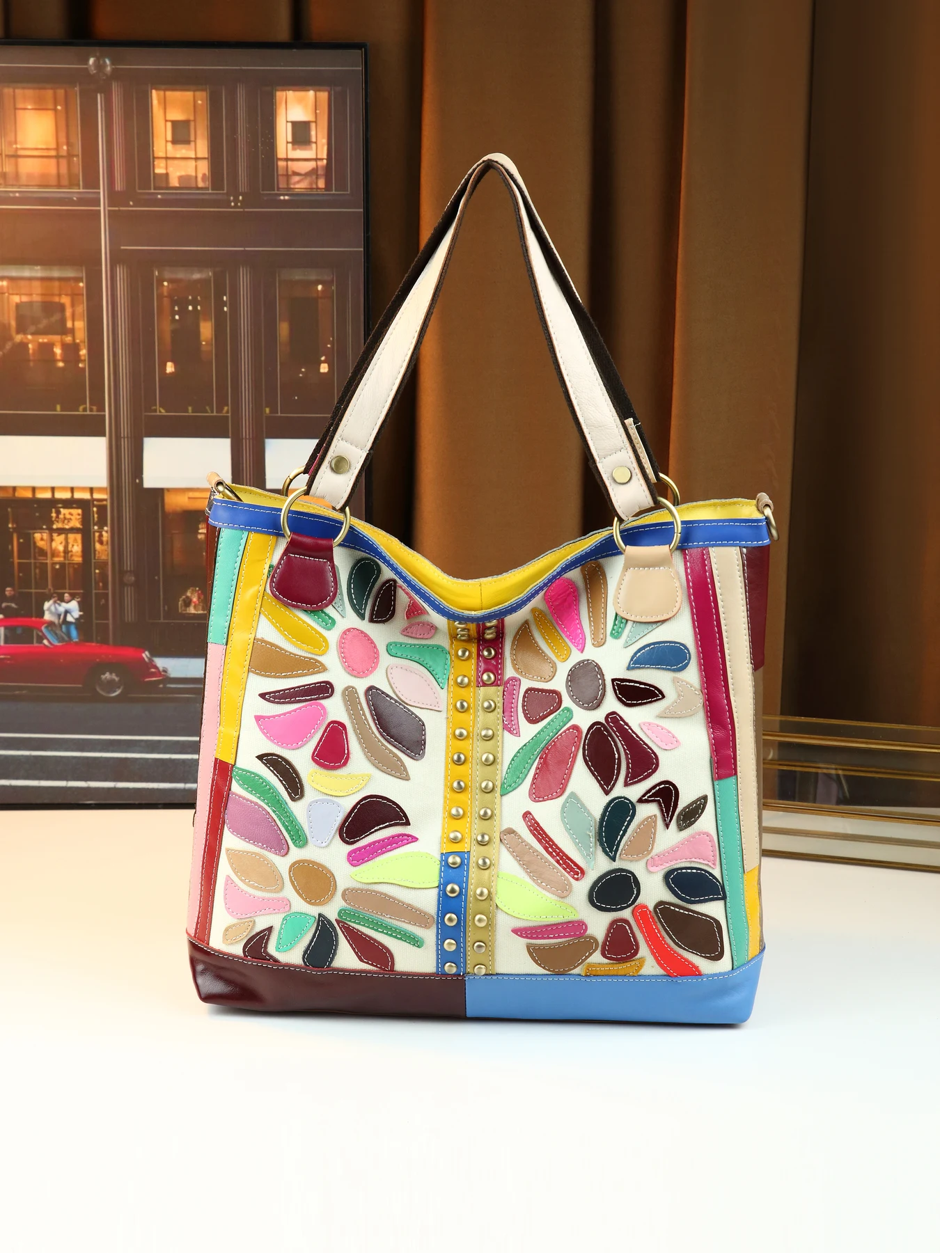 

French retro new colorful block beads fashionable cowhide large capacity shoulder tote bag